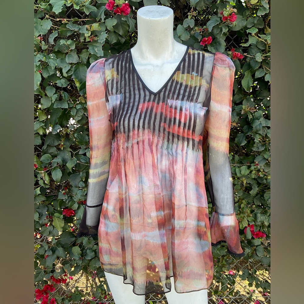 Vintage Sheer V-Neck Blouse in Coral, Black & Yellow Wash